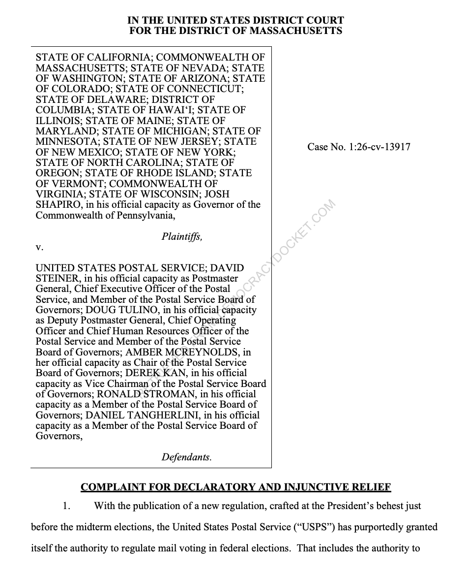 DemocracyDocket's tweet photo. BREAKING: 24 blue states and D.C. sued to block USPS' final rule, which authorizes the agency to monitor and control which voters receive a mail ballot in the midterms.

The rule, officially published today, comes in response to Trump's anti-mail voting executive order. https://t.co/v04juPMqSP