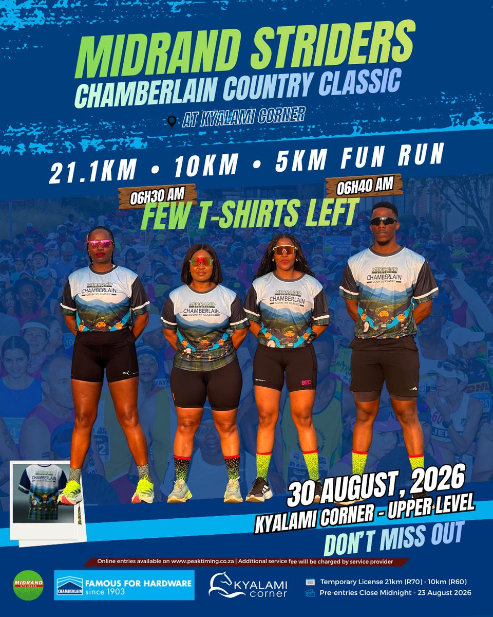 midrandstriders's tweet photo. ๐โโ๏ธ๐ฅ **FEW T-SHIRTS LEFT!** ๐ฅ๐โโ๏ธ **Midrand Striders x Chamberlain Country Classic 2026** ๐โจ
Limited stock remaining โ **get yours before theyโre gone!** ๐โโ๏ธ๐จ
https://t.co/Ff2zACHnyF
#MidrandStriders #ChamberlainCountryClassic2026 #RaceDay #RunMidrand https://t.co/xhu3oj6Cho