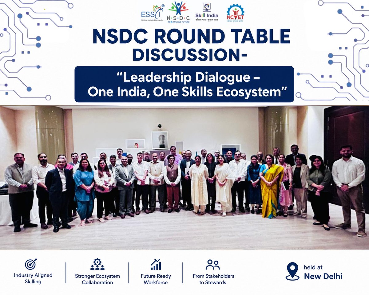 EssciIndia's tweet photo. ESSCI leadership participated in the NSDC Round Table in New Delhi, driving dialogue on a unified, industry-responsive skills ecosystem and future-ready talent for ESDM, semiconductors, AI, IoT and electronics manufacturing.

#ESSCI #NSDC #SkillDevelopment #ESDM #FutureSkills https://t.co/K3Sjm1S2fZ