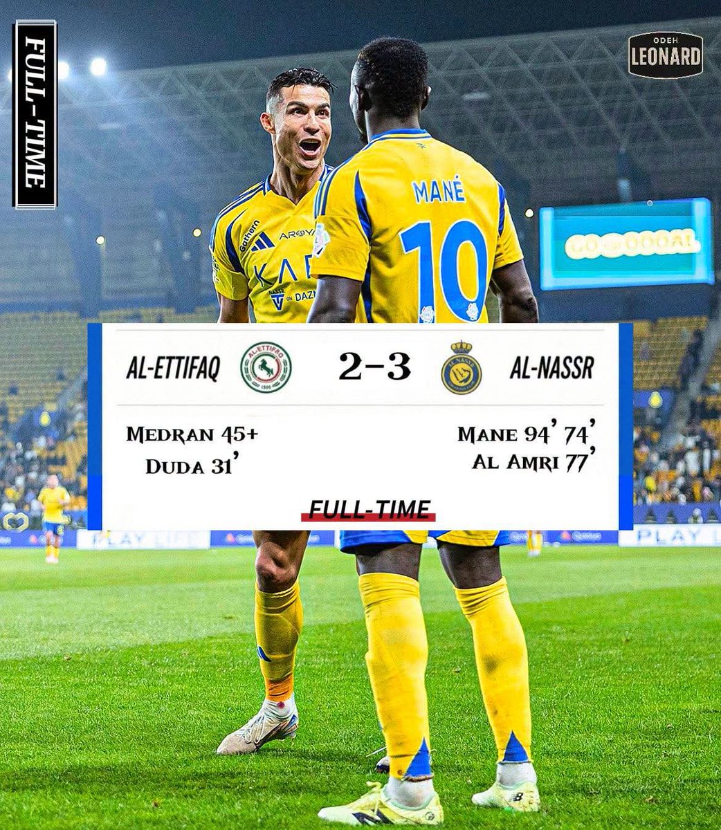 stankollimo's tweet photo. ⚡️ WHAT A COMEBACK! ⚡️
Al Nassr 3-2 Al Ettifaq
Down to 10 men. 2-0 down at half-time. Written off.
Mané brace, Félix with 2 assists, Al-Amri equalizer. Ronaldo subbed off at HT, first to celebrate the win.
Heart. Resilience. Belief. 💪🔴🟡
#AlNassr #WhatAComeback https://t.co/oJjYIZK2QX
