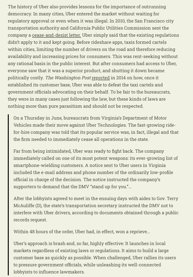 RichardHanania's tweet photo. The Uber story isn't appreciated enough.

There's nothing  you can say in defense of the taxi cartels.

Uber broke the law, and freed the rest of us from their grip.

Every time you use a rideshare app, you're celebrating a victory over human parasites. https://t.co/lLYJzCt8AM https://t.co/RGrso043bt