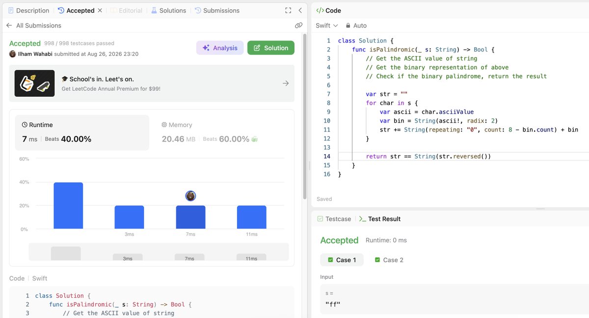 ilhamwgx's tweet photo. nyoba ngeLeetcode pakai Swift lagi, ternyata udah banyak yg lupa karena terakhir pakai Swift 3 tahun lalu
- declare variable pakai keyword "var"
- String dan Character itu beda, perlu convert dulu
- nggk ada String.padStart kyk di JS
- str.reversed() belum fully ngembaliin String https://t.co/iNKZgtDmvJ