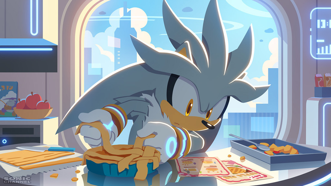 Sonic_Hedgeblog's tweet photo. Artwork of Silver making an Apple pie, from the Japanese Sonic Channel website in 2025. https://t.co/CpTQypVV1e