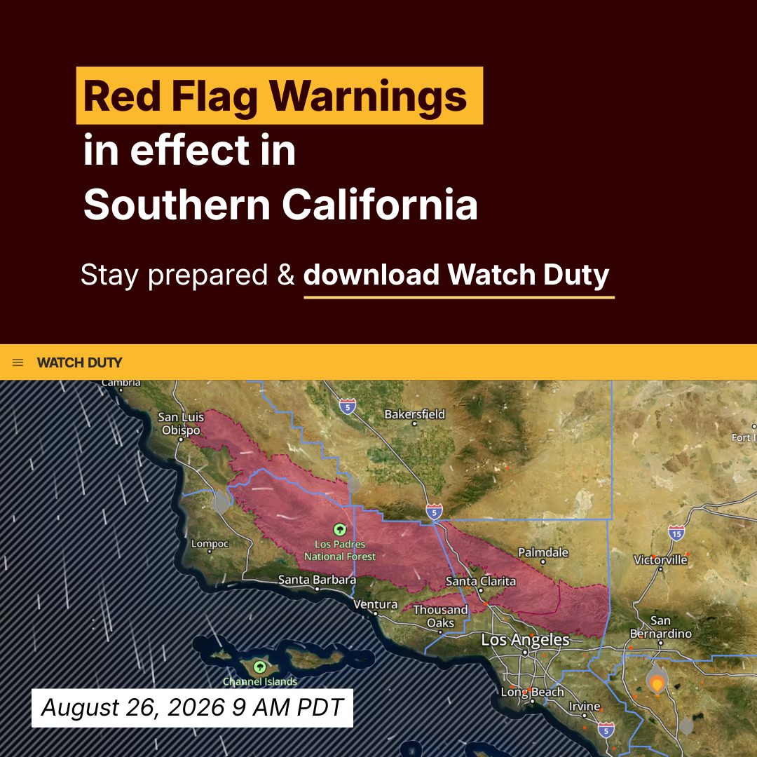 watchdutyapp's tweet photo. ➡️ The National Weather Service has issued a Red Flag Warning for the mountains and foothills of Los Angeles County and a number of surrounding counties, including Ventura, Santa Barbara, and San Luis Obispo. The Warning is in effect through 3 p.m. PDT Friday, August 28.

➡️ A Red Flag Warning is an alert that weather conditions are creating extreme wildfire risks. This week, extreme heat (100-110 degrees in the lower mountains and foothills), humidity as low as 7 percent, and wind gusts up to 40 mph are combining to create a real risk of fast-growing, unpredictable fires. These are the same conditions that produced some of the region's largest fires, including the Bridge, Bobcat, and Station Fires.

➡️ Take a few minutes to get ready: keep your phone charged, know where your family members are (especially anyone who may need extra help or time to move), and make a plan for pets or larger animals. Update your Watch Duty app and check your notification settings now.

While you're preparing, we're preparing too: we've increased our 24/7 staffing so we can get you life-saving information the moment conditions change.