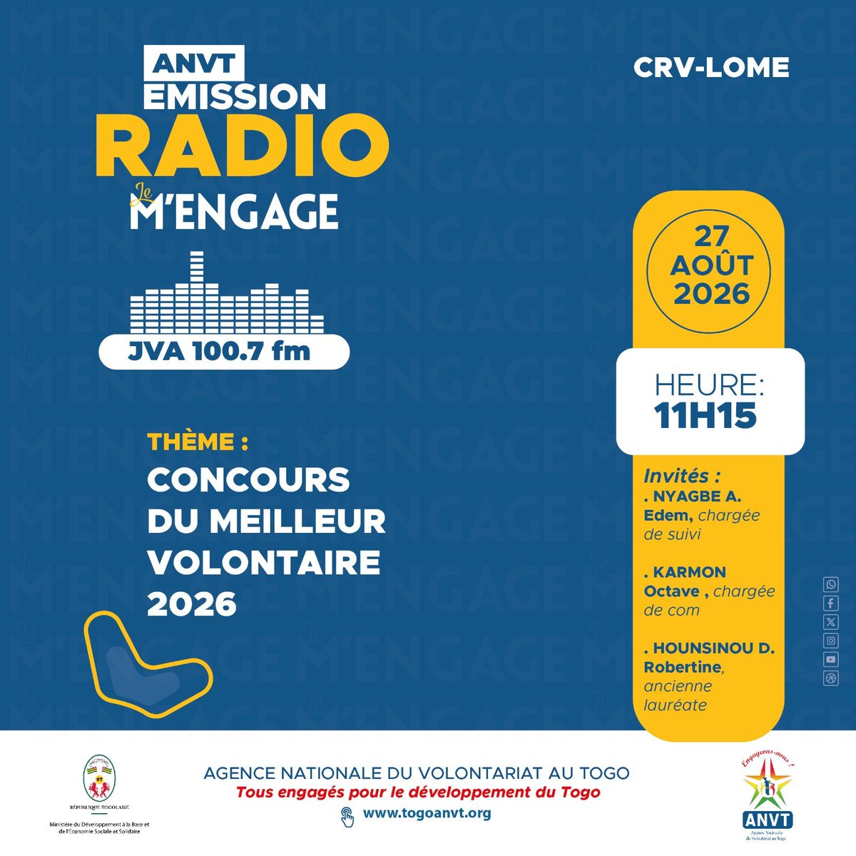 anvt_togo's tweet photo. Le Concours du Meilleur Volontaire de l’année sera au cœur de l'émission "Je M'engage" du CRV-Lomé, ce 27 août.
Découvrez les conditions de participation et les modalités de candidature de ce concours, articulé autour du thème « Servir aujourd’hui, construire demain ».
#ANVT https://t.co/1wJ2mbQqq2