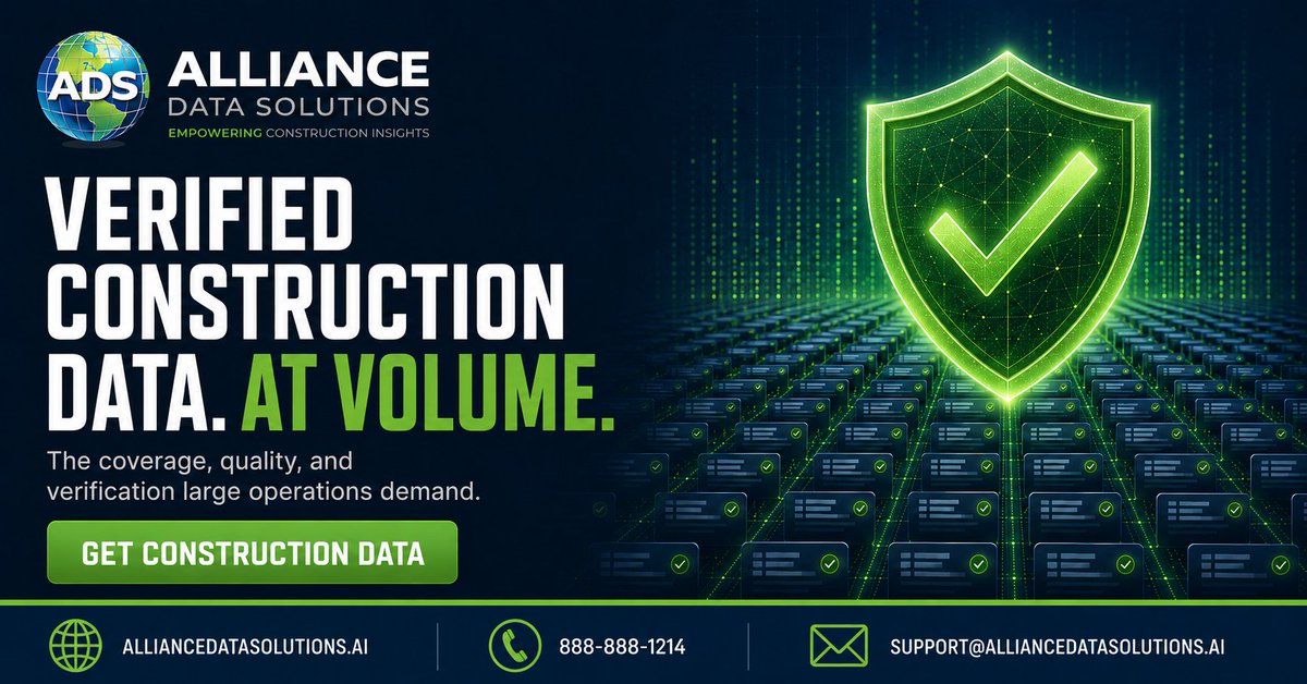 AllianceDataSol's tweet photo. At volume, a small error rate isn't small — it's thousands of wasted hours.

Alliance Data Solutions delivers verified construction data at scale. Volume you can trust, not just volume.

📞 888-888-1214

#ConstructionData #DataQuality https://t.co/jC47mDVxrJ