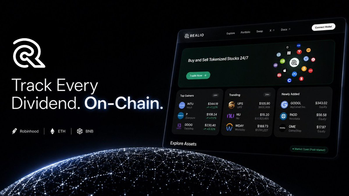 realio_finance's tweet photo. Never Miss a Dividend Again: Realio’s Dividend Tracker

In traditional investing, tracking dividends is often fragmented. Different brokers, delayed data, and manual checks make it hard to see the full picture.

On-chain, the challenge is similar — tokenized stocks can pass through real dividends, but most platforms offer little visibility into what’s coming or what’s already been received.

Realio’s Dividend Tracker solves this.

How Dividends Work On-Chain

Tokenized stocks on Realio are backed 1:1 by real shares. When those shares pay a dividend, the value flows to token holders through two main methods:

- Multiplier Mechanism : Your token balance increases to reflect the dividend.
- Direct Airdrop : Stablecoins (usually USDC) are sent directly to your wallet.

What the Dividend Tracker Shows

Inside your Portfolio, you get a clear view of:

- Upcoming Dividends : Based on ex-dividend dates of your holdings
- Accumulated Dividends : Total income received so far
- Yield Analysis : Annualized yield based on your current portfolio

Because Realio aggregates holdings across Ethereum, Robinhood Chain, and BNB Chain, you see everything in one place.

Why It Matters

Most platforms only show price and balance. Realio treats dividends as a core part of the portfolio experience.

You can:
- Track income without checking multiple sources
- Measure total return (price + dividends)
- Make better decisions on holding or rebalancing

Dividends have always been one of the quiet strengths of equity ownership. On-chain, they no longer need to be hard to follow.

Explore the Dividend Tracker inside your Realio portfolio.

App: https://t.co/dd3WOl6ZYE