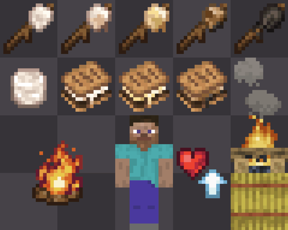 Nopeable_'s tweet photo. Haven't posted in a while, so figured I'd give you guys a quick sweet treat! Marshmallows can be roasted over campfires and eaten, giving the Wanderlust effect! Wanderlust heals you whilst near campfires, making the perfect snack for any campers out there!

#minecraft #pixelart https://t.co/kMb3JtFFEd
