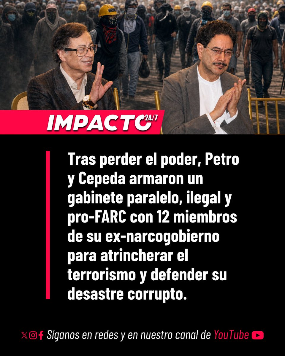 Impacto24_7's tweet photo. 🚨🇨🇴 EL GABINETE DE LAS FARC | Tras perder el poder, la izquierda criminal no asimila la derrota. Gustavo Petro e Iván Cepeda presentaron su gabinete ilegal que pretenden que funcione paralelamente al del Gobierno de Abelardo De La Espriella. Lo integran 12 cuestionados exfuncionarios de su fallido narcogobierno, entre ellos: Guillermo Jaramillo, Irene Vélez, Daniel Rojas, Gustavo Bolívar. Una de las formas de lucha con la que buscan atrincherar su terrorismo y defender todas las medidas corruptas que dejaron amarradas en la peor administración que ha padecido Colombia.
