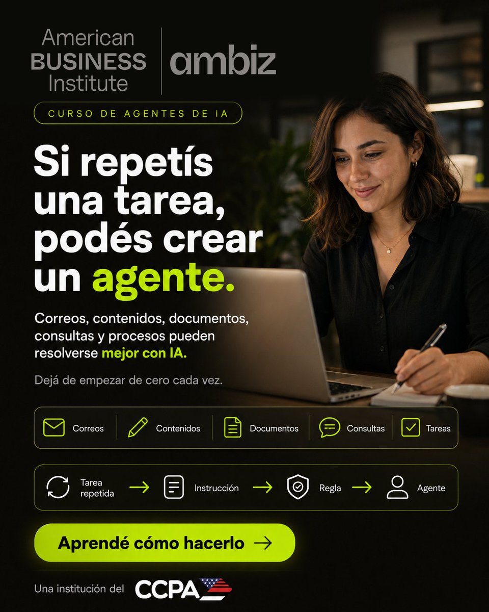 CCPA_paraguay's tweet photo. ¿Seguís usando IA solo para preguntar?

Aprendé a crear agentes de IA sin programar y transformá tareas repetitivas en herramientas reales de trabajo.

Curso de Agentes de IA — AMBIZ
Solicitá información https://t.co/HKsBpg73mj https://t.co/lZHm6lMTxv