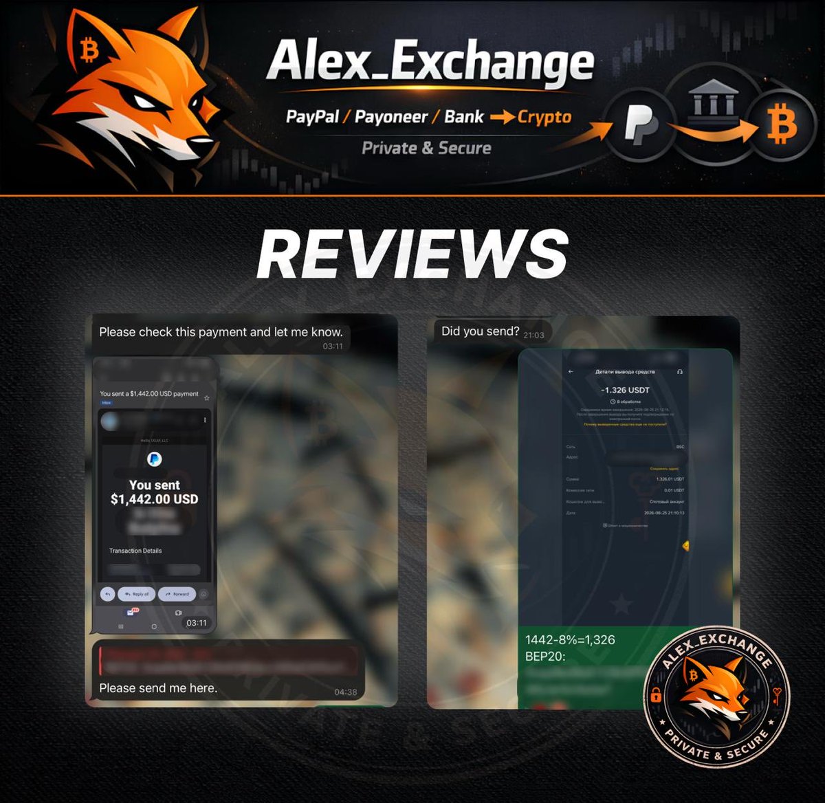 AlexsExchange's tweet photo. #CryptoExchange #PayPal #Payoneer #USDT #Crypto https://t.co/pe2sWhisEY