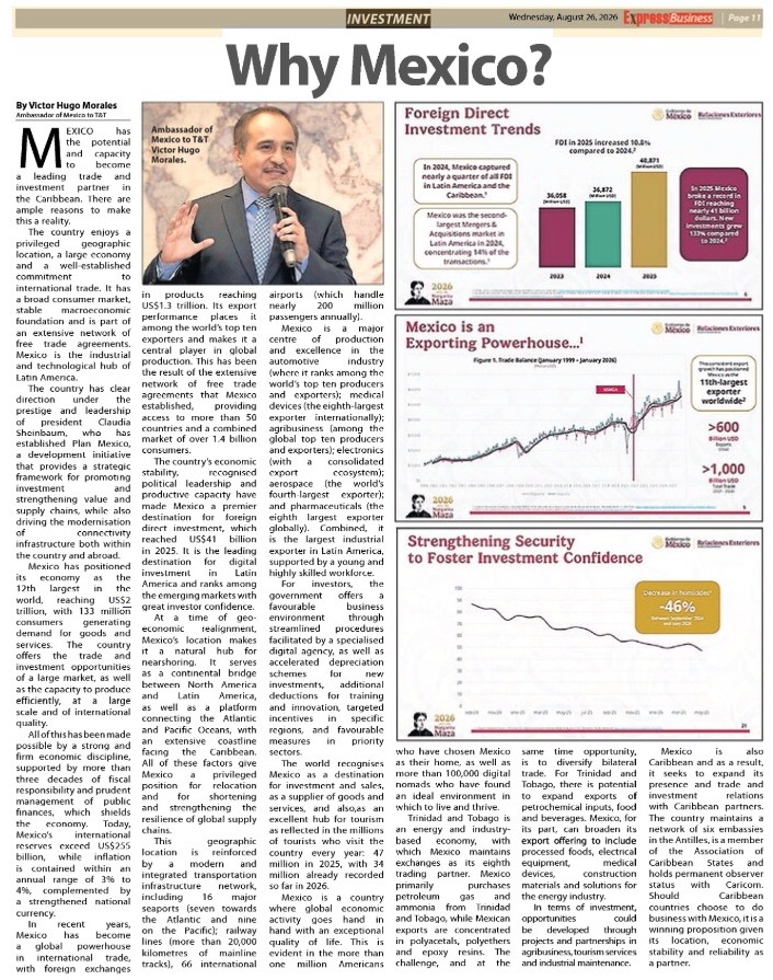 EmbaMexTT's tweet photo. En el marco del actual contexto geoeconómico y el posicionamiento de México como un socio económico confiable, la Embajada agradece al excelente diario Trinidad Express la publicación del artículo “Why Mexico?” (1/2) https://t.co/1a61UTGbBt