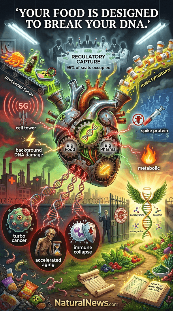 HealthRanger's tweet photo. New infographic: The modern processed food system is designed to literally BREAK your DNA and suppress repairs, leading to turbo cancer, accelerated aging and immune system collapse. All by design... PROCESSED FOOD is a depopulation weapon. Full story depicted in today's AI-illustrated infographic.