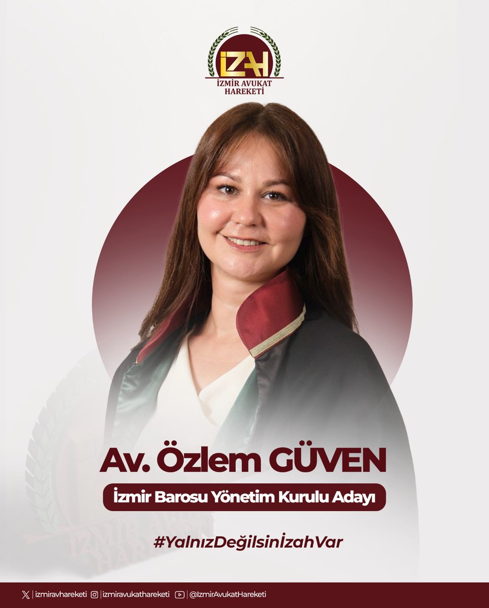 izmiravhareketi's tweet photo. İzmir Avukat Hareketi İzmir Barosu Yönetim Kurulu Adayımız: Av. Özlem GÜVEN 

1991 Manisa doğumlu olan; ilk, orta ve lise eğitimini İzmir’de tamamlayıp 2013 yılında Dokuz Eylül Üniversitesi Hukuk Fakültesi’nden mezun olan meslektaşımız Av. Özlem GÜVEN, 2014 yılından bu yana İzmir Barosu’na kayıtlı olarak avukatlık yapmaktadır. Güven, evli ve iki çocuk annesidir.

Avukatların haklarını, refahını, mesleğin saygınlığını ve meslektaş dayanışmasını önceleyen bir ortak mücadele anlayışıyla Av. Özlem GÜVEN, İzmir Barosu Yönetim Kurulu üyeliğine adayımızdır.

Ortak mücadelemizi büyütmek, mesleğimizin geleceğini birlikte inşa etmek için geliyoruz.

#YalnızDeğilsinizİzahVar #İzmirAvukatHareketi #İzmirBarosu #TBB