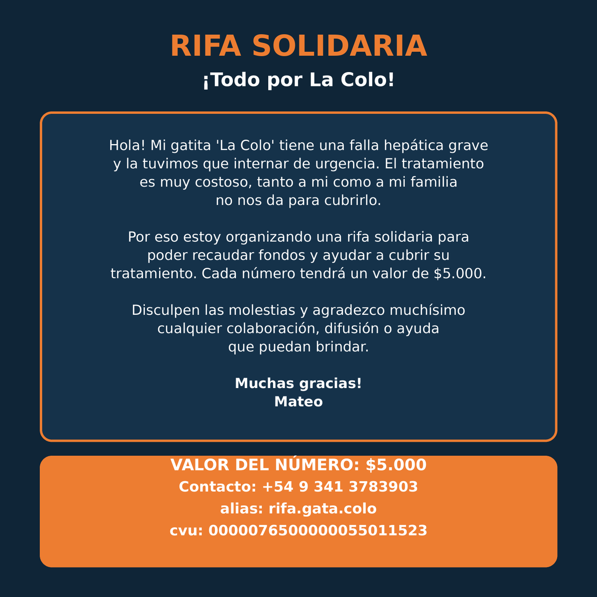 _sapex's tweet photo. Mi gatita tiene una falla hepática grave y la tuvimos que internar de urgencia. El tratamiento es muy costoso, tanto a mi como a mi familia no nos da para cubrirlo.

Por eso estoy organizando una rifa para poder cubrir su tratamiento. Cada número tiene un valor de $5.000 https://t.co/mwwyFSOu4l