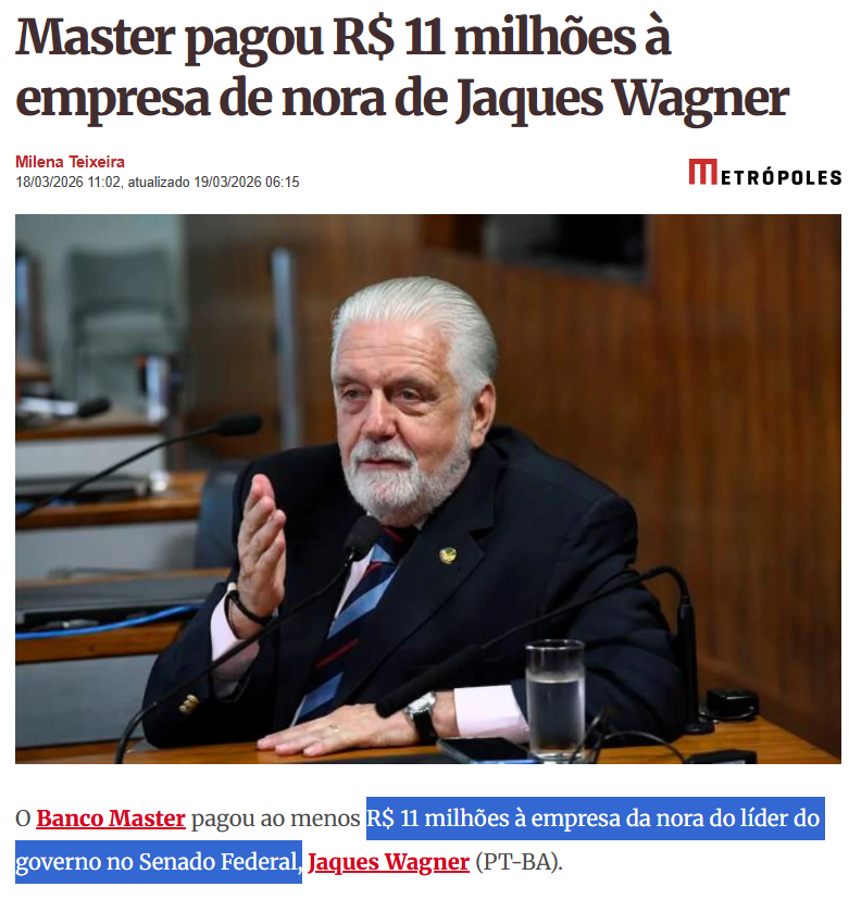 Luccas1964's tweet photo. BANCO MASTER de DANIEL VORCARO pagou R$ 11 milhões à empresa de nora de Jaques Wagner do PT

https://t.co/573O5F8Uwp https://t.co/IcXWPzGzyX