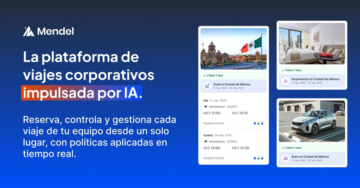 somosmendel's tweet photo. Cada viaje de tu equipo, reservado y controlado desde un solo lugar.

Con Mendel Viajes, tu equipo reserva en minutos con políticas de viaje aplicadas automáticamente en cada paso.

#MendelViajes #ViajesCorporativos 
#GastosCorporativos #InteligenciaArtificia https://t.co/kEY6Iag5oS