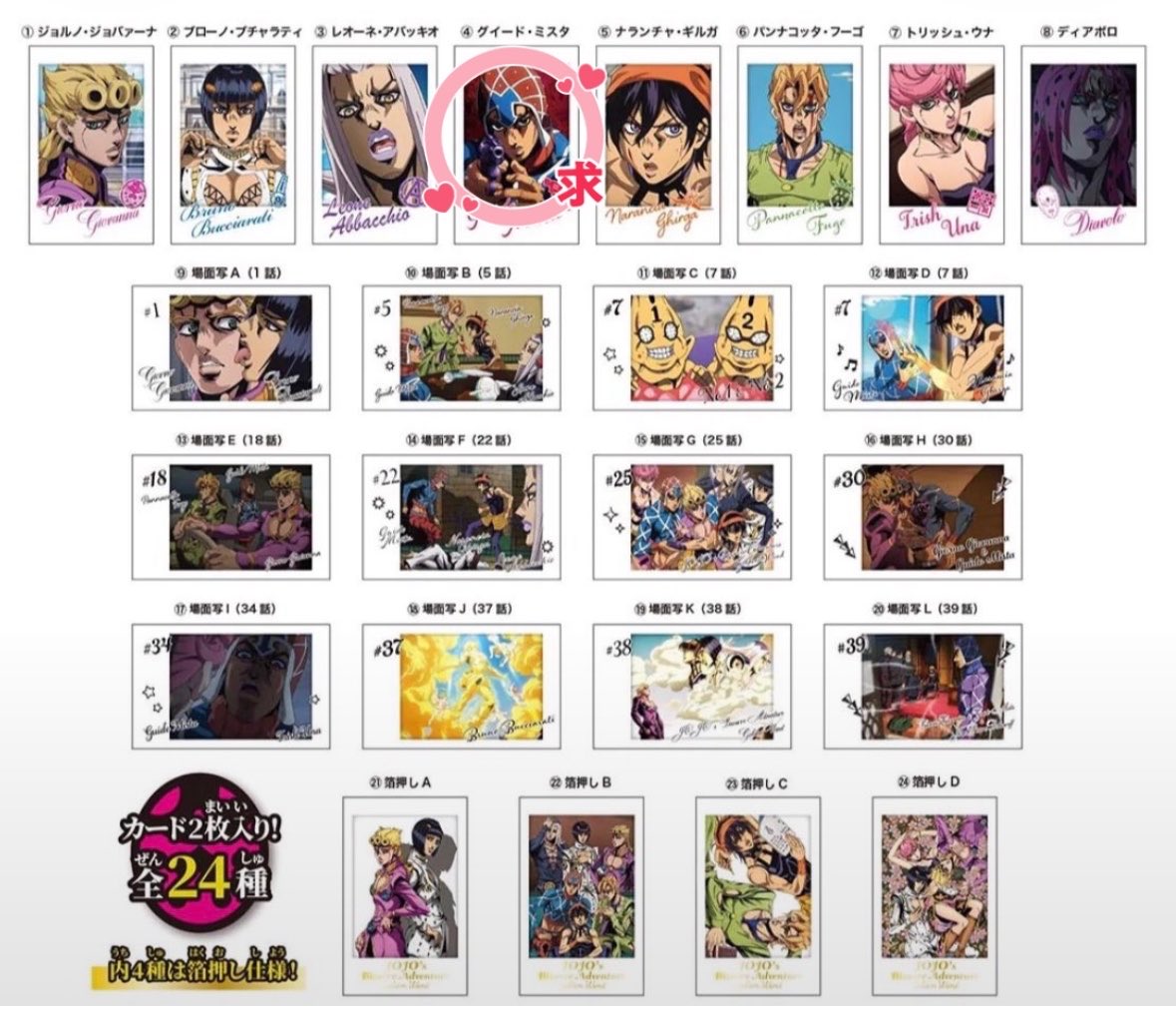 __4444_4444's tweet photo. 【交換】
ジョジョ  ジョジョの奇妙な冒険 黄金の風 5部  キャラポトレ

【求】④ミスタ
【譲】他

2BOX予約済み＋バラでも購入予定

垢作りたてのため先送り等可能です。
検索からでもお気軽にお声掛け下さい！ https://t.co/ldy1Rga3S1