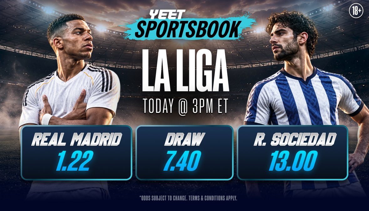 yeet's tweet photo. Real Madrid and Real Sociedad played out a 0-0 at the Bernabeu in 2023.

Will we see another today?

Place your bets:
https://t.co/aucPmZHxoN https://t.co/CLaGGLfPp1
