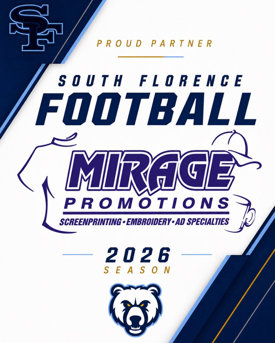 SFBruinFootball's tweet photo. From the first stitch to the final print, Mirage Promotions knows how to make a brand stand out.

Proud to have them supporting South Florence Football through screenprinting, embroidery, and custom promotional work that keeps Bruin Nation looking sharp.

#SouthFlorenceFootball #BruinNation #MiragePromotions #ProudPartner