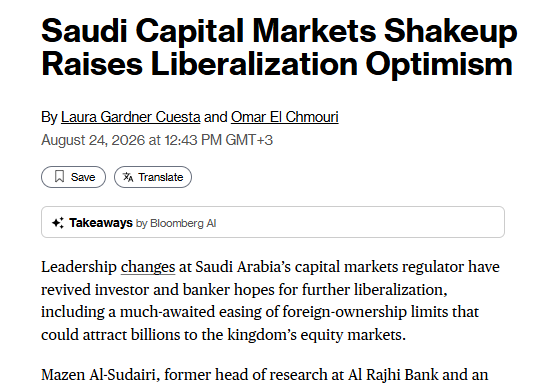 AZK_SA's tweet photo. بلومبرغ.. متفائلة بسوق الأسهم السعودي

في تقرير جديد تقول:
تعيين مازن السديري رئيساً لهيئة السوق المالية عزز تفاؤل المستثمرين والمصرفيين بإمكانية تسريع تحرير السوق وزيادة جاذبيته للأجانب.

1. عودة اهتمام المستثمرين الأجانب بالسوق السعودي مع تزايد التوقعات بإجراء إصلاحات إضافية على قيود الملكية الأجنبية.

2- أبرز الإصلاحات المنتظرة:
رفع سقف ملكية المستثمرين الأجانب البالغ 49% أو إلغاؤه بالكامل.

3- مورغان ستانلي يقدّر أن رفع السقف من 49% إلى 75% قد يجذب نحو 4.3 مليار دولار (16.1 مليار ريال) للسوق السعودي.

4- في حال إلغاء سقف الملكية بالكامل، قد ترتفع التدفقات المحتملة إلى نحو 7.4 مليار دولار (27.8 مليار ريال).

5- بحسب تقديرات مورغان ستانلي، قد يكون مصرف الراجحي من أكبر المستفيدين، مع تدفقات محتملة تتراوح بين 2.1 و4.6 مليار دولار. 

6- هذه التوقعات تأتي بعد خطوة كبيرة نفذتها المملكة في فبراير 2026، عندما فتحت السوق الرئيسية للاستثمار المباشر أمام جميع فئات المستثمرين الأجانب.

7- الهدف الأوسع من الإصلاحات: 
زيادة السيولة وأحجام التداول، جذب رؤوس الأموال الأجنبية، وتعميق السوق المالية السعودية.

8- السوق شهد سابقاً تباطؤاً في الزخم مع الضغوط الجيوسياسية وتراجع نشاط الطروحات، ولذلك ينظر المستثمرون إلى تخفيف قيود الملكية باعتباره محفزاً محتملاً لإعادة التدفقات الأجنبية.

الخلاصة:

الرهان الآن ليس فقط على السماح للأجنبي بالدخول للسوق — فهذا تحقق بالفعل — وإنما على كم يستطيع أن يتملك؟ وأي رفع لسقف الـ49% قد يفتح الباب أمام تدفقات بمليارات الدولارات.

https://t.co/UuekX47rAX