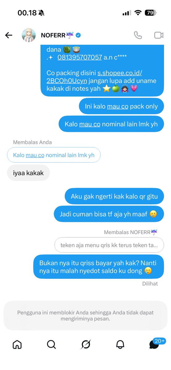 nengyuha's tweet photo. #scammer allert! Help #rt 

Hati hati nih guys, @Noferrrrpayung_  mau coba ngibulin aku pake payment scan qriss seabank, nyuruh nampilin qr bayar nanti dia scan di alfamart ceunah, kalo gitu kan nantinya saldo ku yang ke tarik yah, btw pesan nyuruh nampilin qr itu dia tarik yh, abis tuh block aku, hati hati guys
