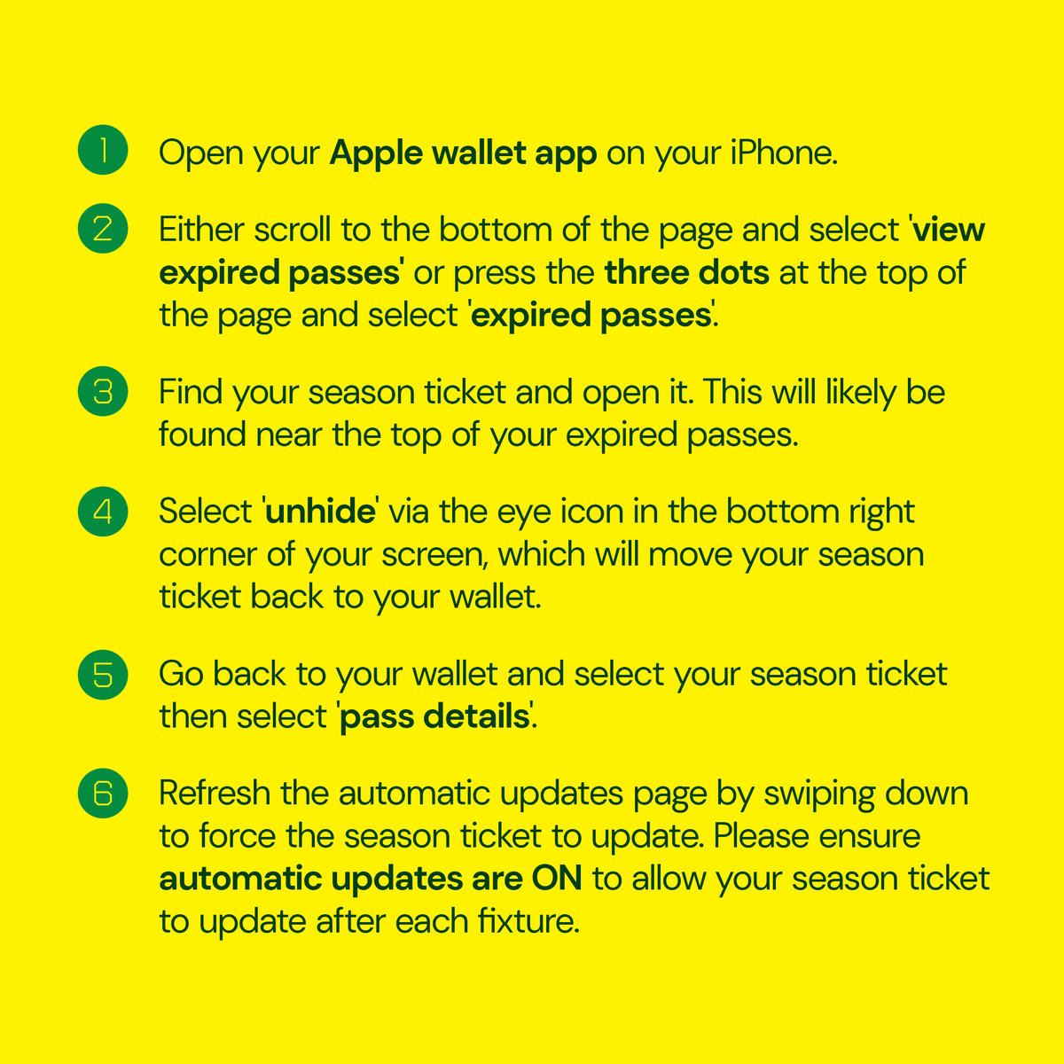 NorwichCityFC's tweet photo. ℹ️ We are aware of some issues with digital season tickets for iPhone users. 

Use the below guide to reinstate yours back into your Apple wallet ahead of this weekend's Carrow Road fixture ⬇️