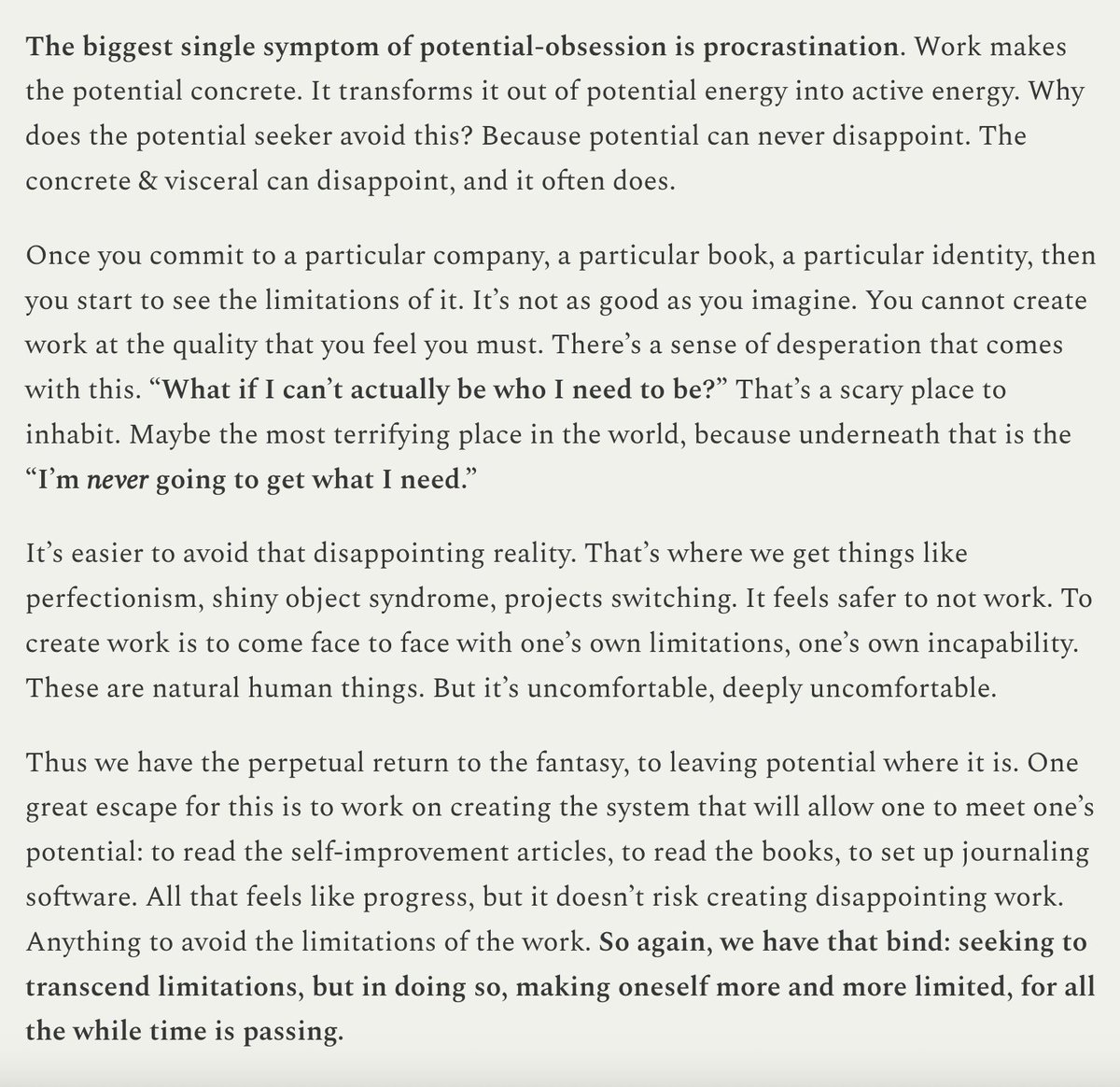 scottdomes's tweet photo. procrastination is often an attempt to avoid disappointment

the underlying question is "what if I can't be who I need to be?" and until that question is answered, there's constant resistance to doing the work
