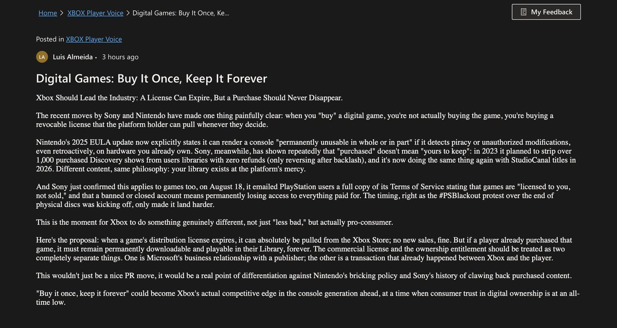 PTGamingLover's tweet photo. @XBOX Let's share this post and go to: https://t.co/ZsRsrNUior put an like on that post on XBOX Player Voice to support. Let's fight for our rights.
Digital Games: Buy it Once, Keep It Forever. https://t.co/3IJHeZJHvz