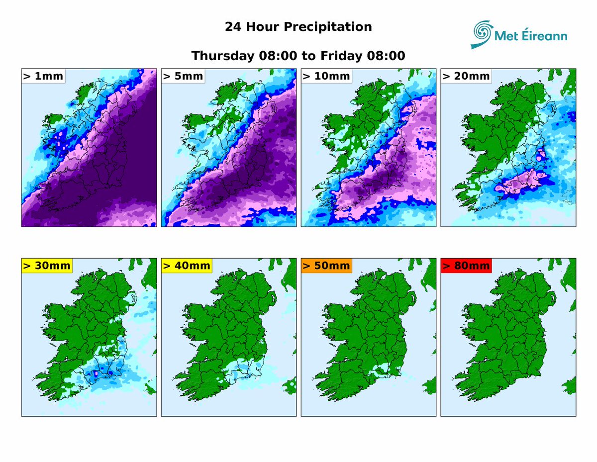CarlowWeather's tweet photo. Latest high-res charts for rainfall totals up to Friday with models increasing risk of heavy rain in South and Cork added to yellow warning. Stradbally is right on the edge of the heavy rain on the models so could be lucky and get less than 10mm or be unlucky and get over 20mm. https://t.co/hikfGX5NAA