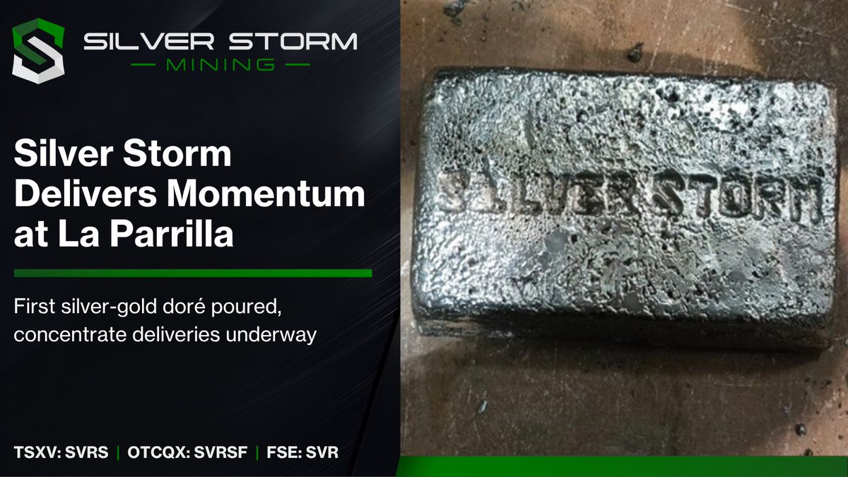 TSXSVRS's tweet photo. From offtake to first shipment, Silver Storm continues to deliver momentum at La Parrilla. With first doré poured and concentrates deliveries underway, La Parrilla is ramping up and targeting to reach steady state by Q1 2027.

Learn more: https://t.co/amPtKs5rSo

TSX.V: $SVRS | OTCQX: $SVRSF | FSE: $SVR