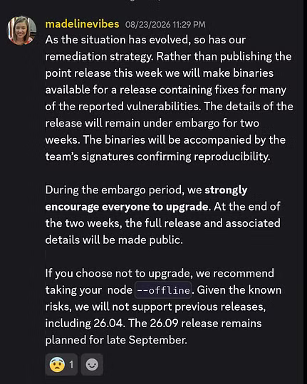 murchandamus's tweet photo. Looks like a severe Core Lightning (CLN) issue was discovered.
It sounds like you should consider restarting your CLN node with `--offline` and be on the lookout for the point release coming in the next few days. (Messages from CLN discord via https://t.co/Ep9BEDQuCS). https://t.co/FsTN2xb44y