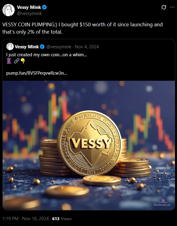 ImJohnAbrahamX's tweet photo. In crypto, we love rewarding bag workers.

Well, I found a struggling musician (@vessymink) who created a coin around herself and is STILL buying back to this day and it's been over a YEAR...

Well, I found a struggling musician who created a coin around herself and is STILL buying back to this day and it's been over a YEAR...worth.

She created the coin in 2024, then recently in November 2025 started purchasing MORE of the coin and talking about it, but there has been 0 attention on it for so long

(Image 2) shows that she is still holding fundraisers to support her music career. https://t.co/Lm3XAOCRx1

A real artist. Still working. Still holding.

CA: BVSFPeqvwRcw3nDRKgNDXNMot3ZAbTNstWvJ1JFupump