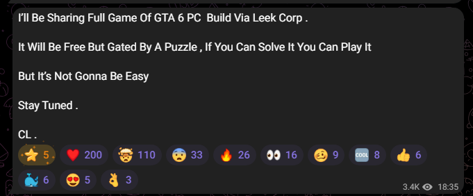 singixx's tweet photo. CYBERLEEK DIZ QUE VAI DISPONIBILIZAR A BUILD DE GTA VI VIA LEAK CORP, MAS VAI TER UM PUZZLE E NÃO VAI SER FÁCIL. https://t.co/ADHqPR9nZS