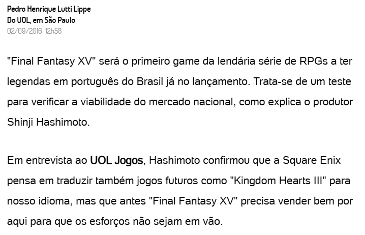 zaroziann's tweet photo. @Ridenki1 Pior é que é verdade kkkkkkk eles escolheram fazer o teste de mercado com o FFXV por também ser um JRPG

Foi um assunto muito falado na época e tem até essa matéria do UOL

Eu fiz minha parte comprando o XV Square, cade meu KH4 legendado e dublado? 😭😭😭 https://t.co/RhrxPvDVar