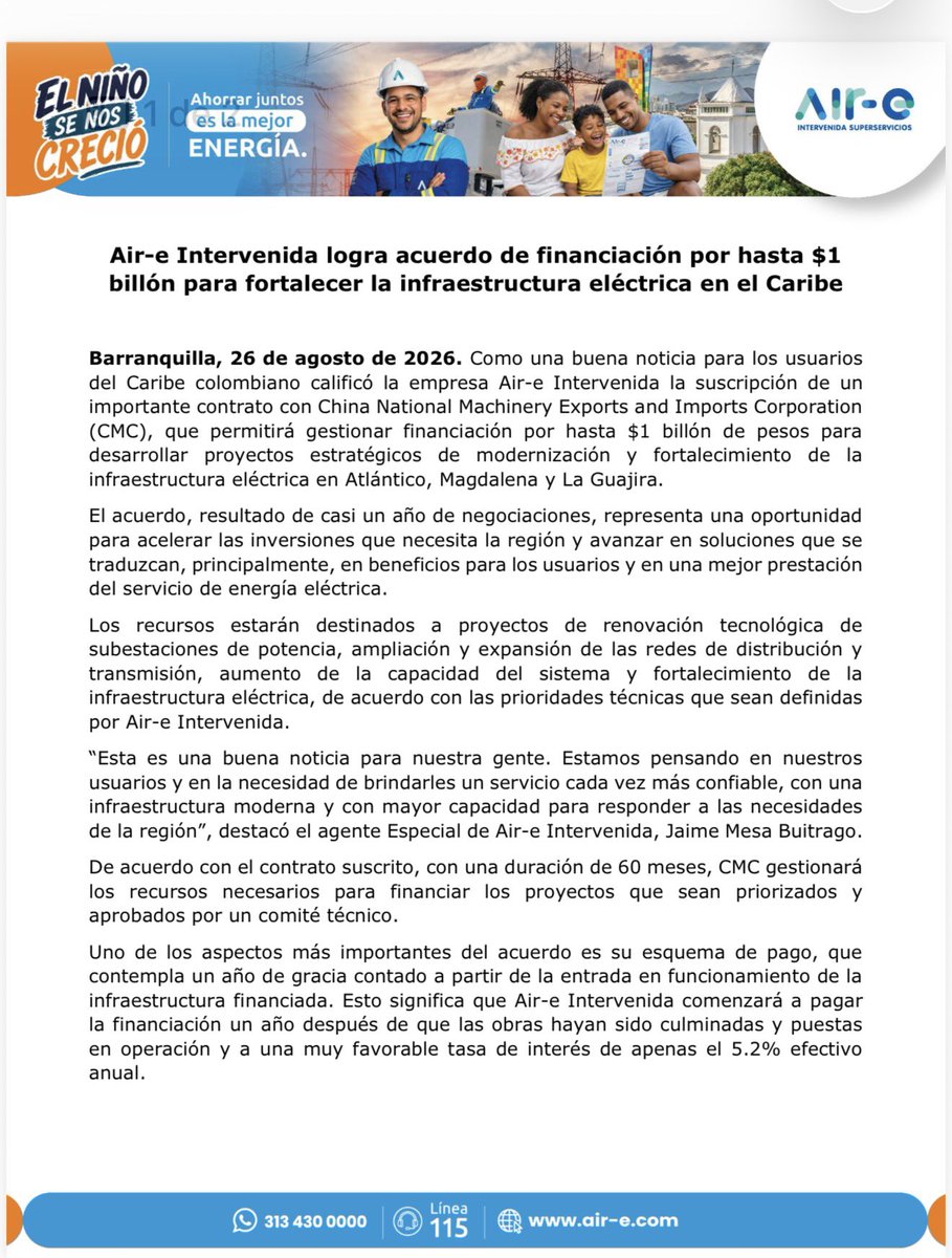 JACOBOSOLANOC's tweet photo. La empresa AIRE recibe un segundo aire y suscribe un importante contrato con China National Machinery Exports and Imports Corporation (CMC), que permitirá gestionar financiación por hasta $1 billón de pesos para desarrollar proyectos estratégicos de modernización y fortalecimiento de la infraestructura eléctrica en Atlántico, Magdalena y La Guajira. Se trata de una buena noticia para los usuarios de estos departamentos que se logró a través de la gestión del gerente Jaime Mesa Buitrago. 

Los recursos estarán destinados a proyectos de renovación tecnológica de
subestaciones de potencia, ampliación y expansión de las redes de distribución y
transmisión, aumento de la capacidad del sistema y fortalecimiento de la
infraestructura eléctrica.👍