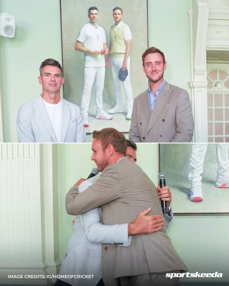 Sportskeeda's tweet photo. An iconic England pace duo, now framed forever at the Home of Cricket! 🏏❤️
A special moment for Sir James Anderson and Stuart Broad at Lord’s. 🫡🏟️
#JamesAnderson #StuartBroad #EnglandCricket #Sportskeeda https://t.co/ISA2PfP251