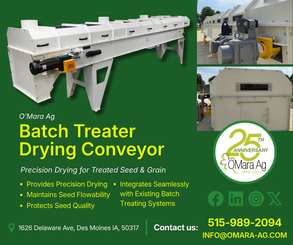 omara_ag's tweet photo. Our Batch Treater Drying Conveyors are engineered to meet the high demands of todayโs complex seed treatments.
#BuiltForSeed #MadeInUSA #Agriculture #MetalFabrication #AgServices #Innovation #Design #Industrial #AgEquipment #Conveyor #DryingConveyor #BatchTreater #DryingSolution https://t.co/WKYrpOGRqp