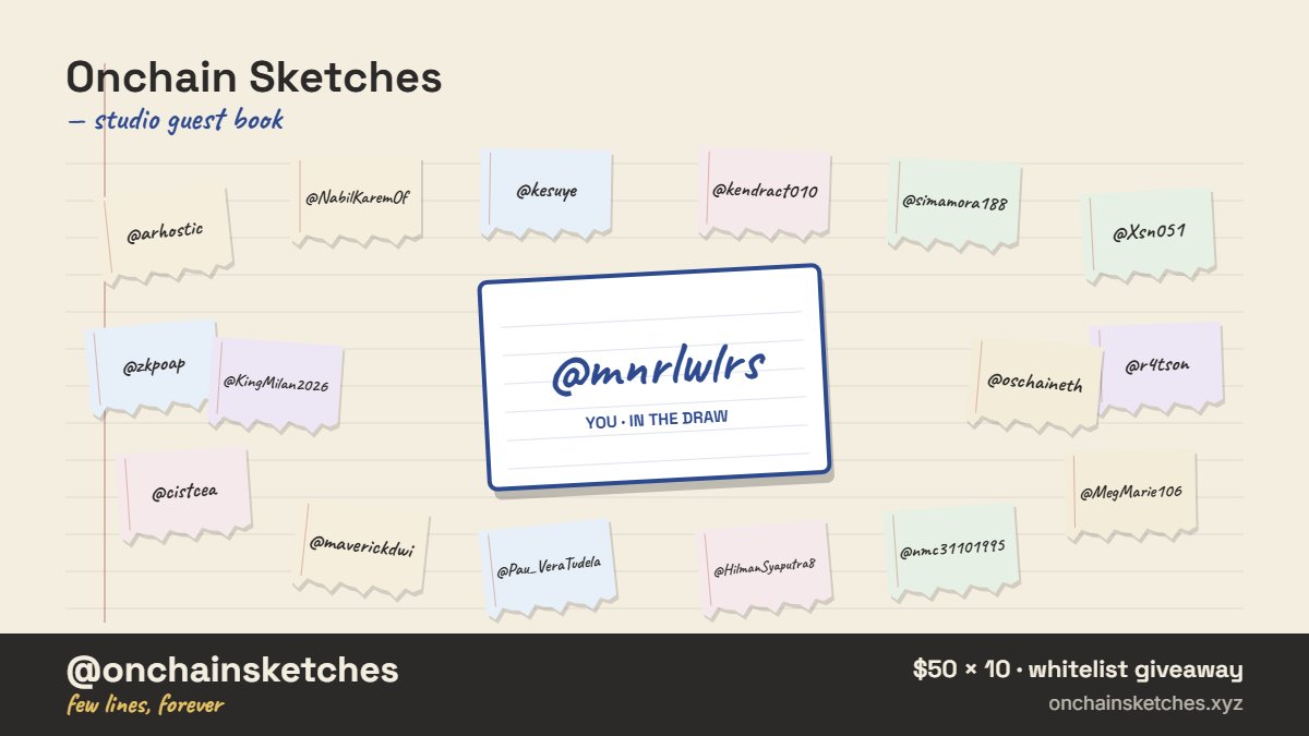 mnrlwlrs's tweet photo. just signed the @onchainsketches studio guest book ✍️ ten of us win $50 each — few lines, forever. come grab a whitelist spot 👇 https://t.co/etkfQfM6Q7 https://t.co/5wwola0FME