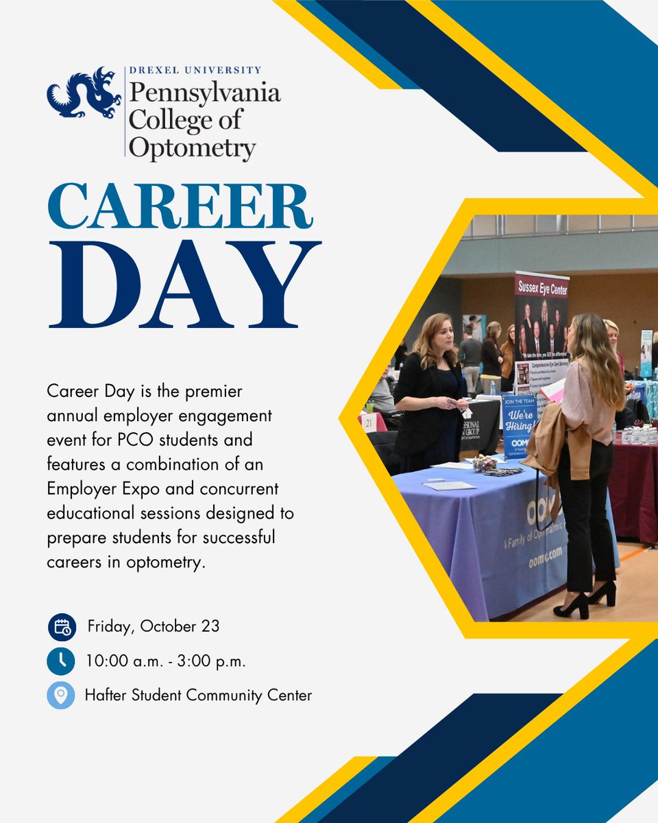 PCO_optometry's tweet photo. This year's Career Day will bring together PCO students, employers, alumni, and professional organizations for career exploration, networking, recruiting, and professional development.

Register: https://t.co/wVvSHqYimV

#drexeluniversity #careerfair #studentlife #optometry #PCO https://t.co/w2TNt6x7qK