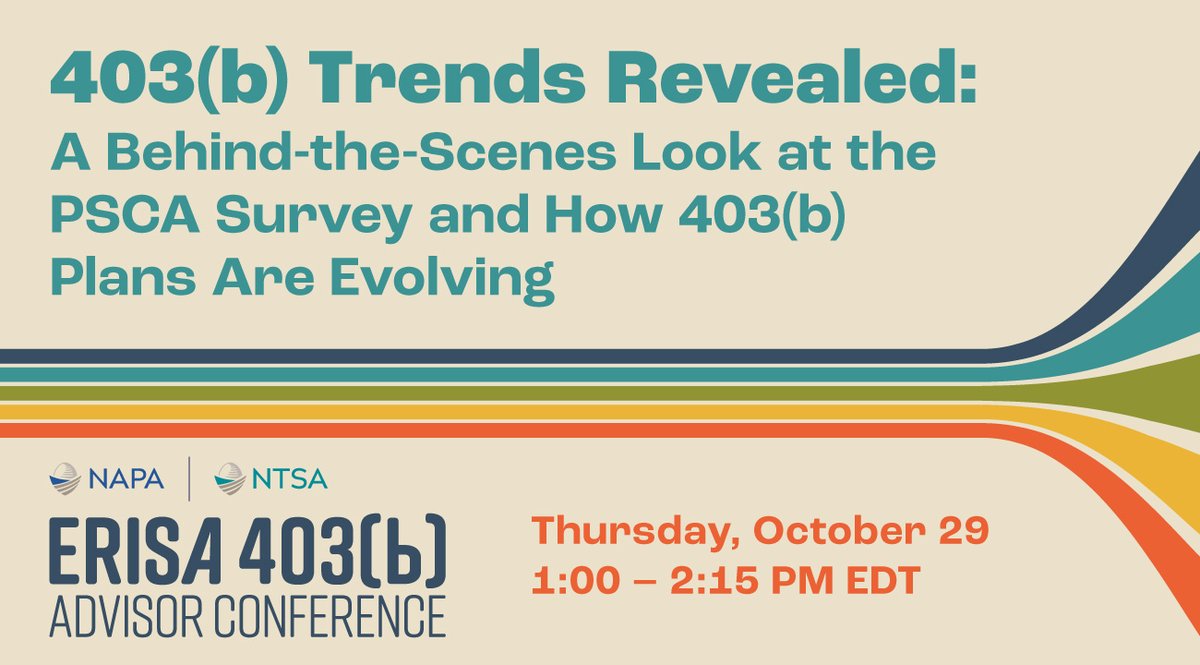NAPA401K's tweet photo. General Session 3 offers an exclusive look at the latest findings from @PSCA401k's 403(b) research, including trends in plan design, participant behavior, investment menus, SECURE 2.0 adoption, &amp; how ERISA  #403bPlans continue to evolve.

🖱️ https://t.co/kIbDYI9iBa
 #PlanSponsors https://t.co/mI6TDEUNL7