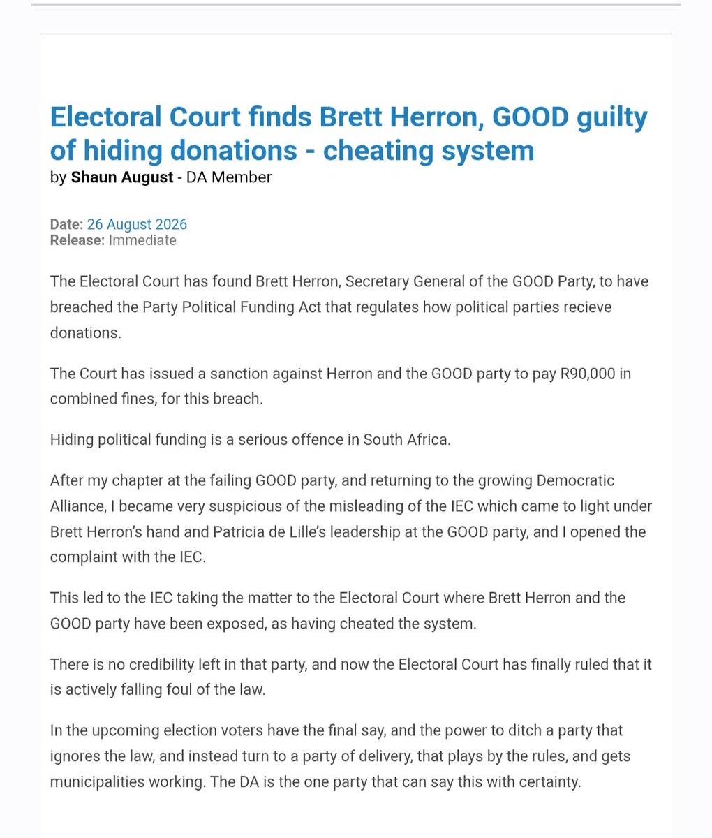 JordiGriff's tweet photo. Wait hold on? What?
GOOD has been fined R90k by the electoral Court for hiding political donations?
This is serious. What exactly were they hiding?

Is their partner Rise Mzansi going to help pay this fine, they are campaigning together now? https://t.co/3iwgZG8yYW