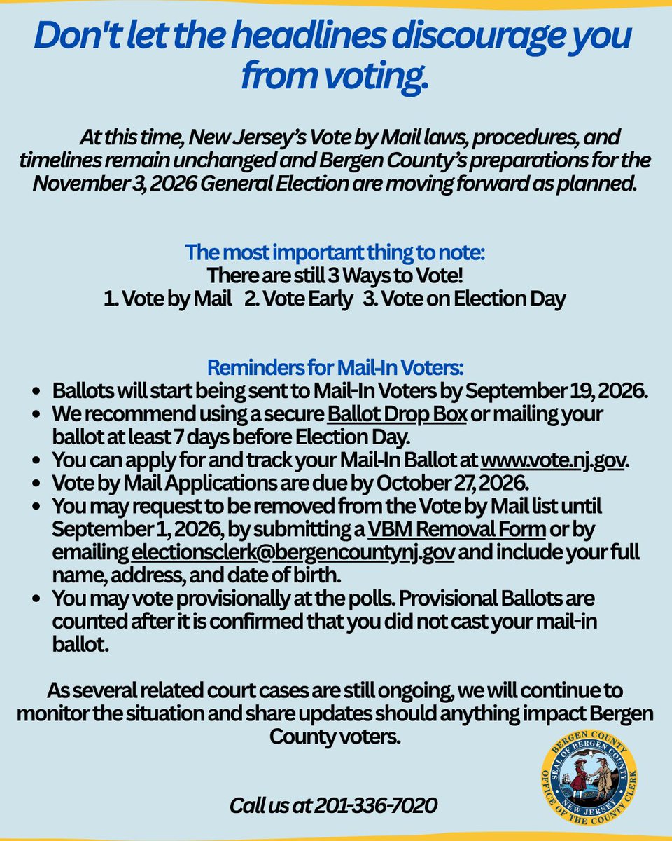 electionsclerk's tweet photo. NEWS ALERT FROM THE BERGEN COUNTY CLERK'S ELECTIONS DIVISION - READ BELOW FOR MORE INFO https://t.co/SVylmj49k9