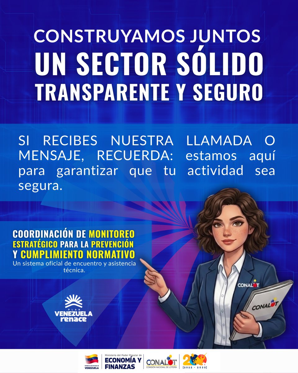 Conalot_ve's tweet photo. Ñ🔹 Seguridad: canales oficiales para una comunicación confiable con la institución.

La prevención también es parte de nuestra labor regulatoria.

🤝 Seguimos fortaleciendo la comunicación, el cumplimiento y la transparencia en el sector.

@delcyrodriguezv
@minecofinanzas https://t.co/6b03xNm0bm
