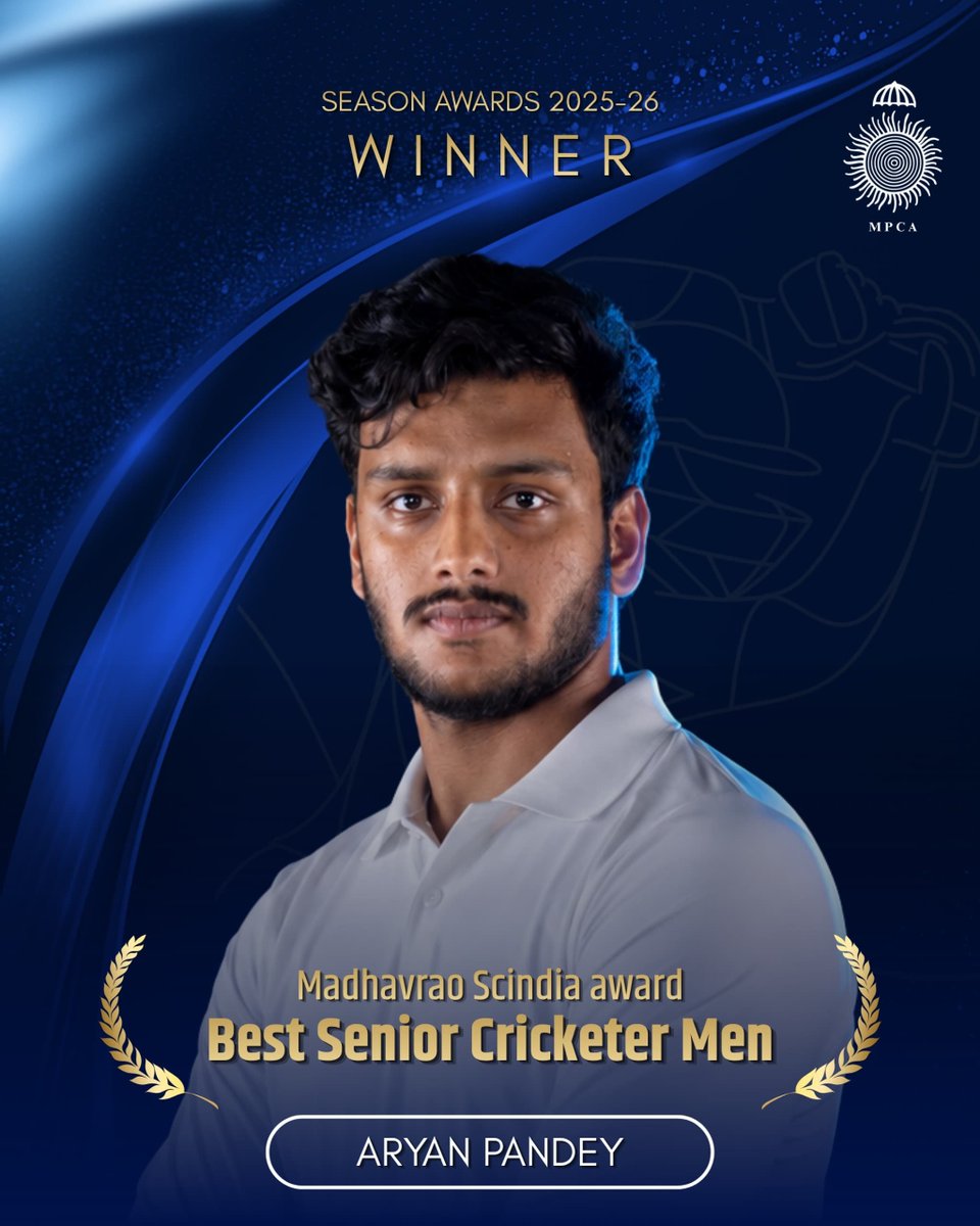 MPCAtweets's tweet photo. Aryan Pandey bags the Madhavrao Scindia Award – Best Senior Cricketer (Men) at the MPCA Season Awards 2025–26! ✨

MPCA • MP Cricket • BCCI • MPCA Season Awards https://t.co/GMFEVkCjhH