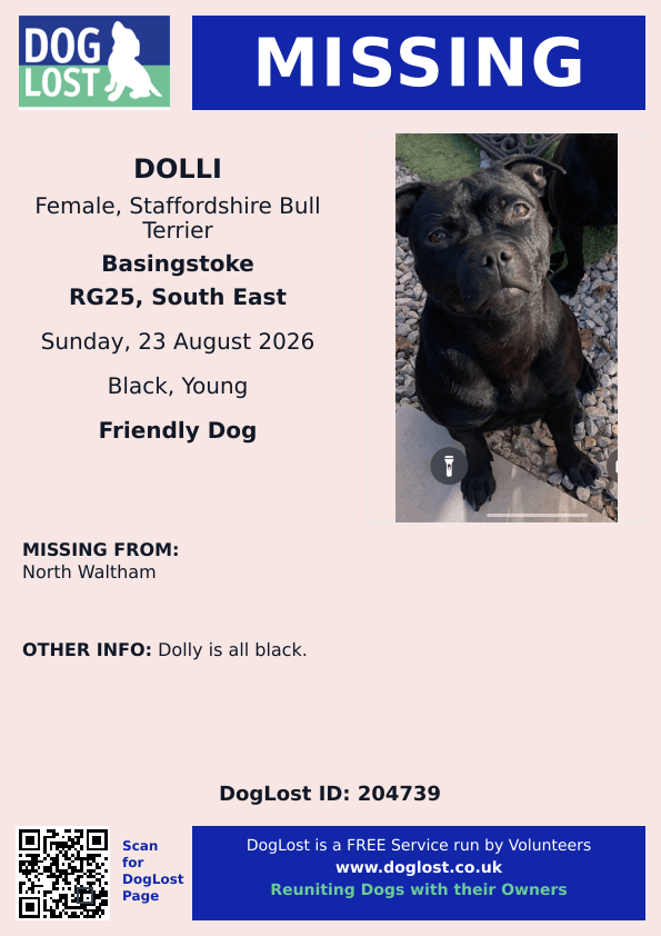 millypod1's tweet photo. 🆘23 AUG 2026 #Lost Dolli #ScanMe
YOUNG Black Staffordshire Bull Terrier Female
North Waltham #Basingstoke #EastHampshire #RG25 #Hampshire
https://t.co/zfpLbtwU5G https://t.co/TIghMb421o
