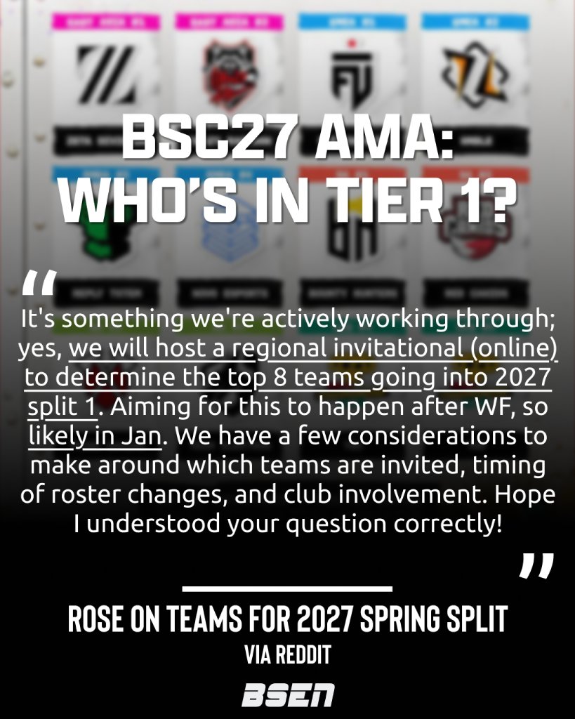 OfficialBSEN's tweet photo. BSC27 AMA: Qualifier for Split 1 League CONFIRMED  

Rose has soft-confirmed the inclusion of a tier 1 qualifier event in January after the conclusion of the 2026 season where invited teams will compete regionally to become one of eight teams in their tier 1 league for Spring of 2027. The criteria for invitation is currently unconfirmed.  

#BSC27