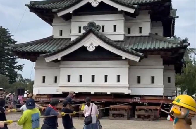 NewsVOG's tweet photo. Japan: 1,800 Volunteers Hand-Pull 360-Tonne Historic Hirosaki Castle Turret
In a rare and remarkable scene in northern Japan, around 1,800 volunteers took part in a major preservation project, hand-pulling the 360-tonne turret of Hirosaki Castle — built in 1611 — more than two metres across the ground. Teams took turns pulling 30-metre ropes attached to the turret, moving it 1.13 metres on Saturday and a further 1.09 metres on Sunday.
The turret, the castle's main keep, was relocated from its original site in 2015 to allow repairs to the castle wall, which had been damaged by a major earthquake. Authorities used the traditional Japanese technique known as "hikiya," in which entire structures are moved intact on rollers rather than demolished. The wall has since been fully repaired, with all 2,185 stones restored to their original positions.
According to Kensuke Hiasaka, head of Hirosaki's parks division, roughly 8,000 applications were received for just 1,800 spots — nearly four times the available places — with applicants coming from across Japan as well as Southeast Asia, Europe and North America. This month, around 4,100 people will help move the turret a total of five metres by hand, while machinery will cover the remaining 73 metres.
Hirosaki Castle is one of only 12 surviving original castle turrets in Japan and is designated a nationally important cultural property. It is the only castle from the Edo period (1603–1867) still standing today, and was named among Japan's top 100 castles by the Japan Castle Foundation in 2006.