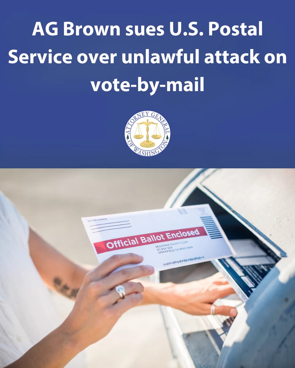 Washington AG Brown files lawsuit against U.S. Postal Service over unlawful attack on vote-by-mail