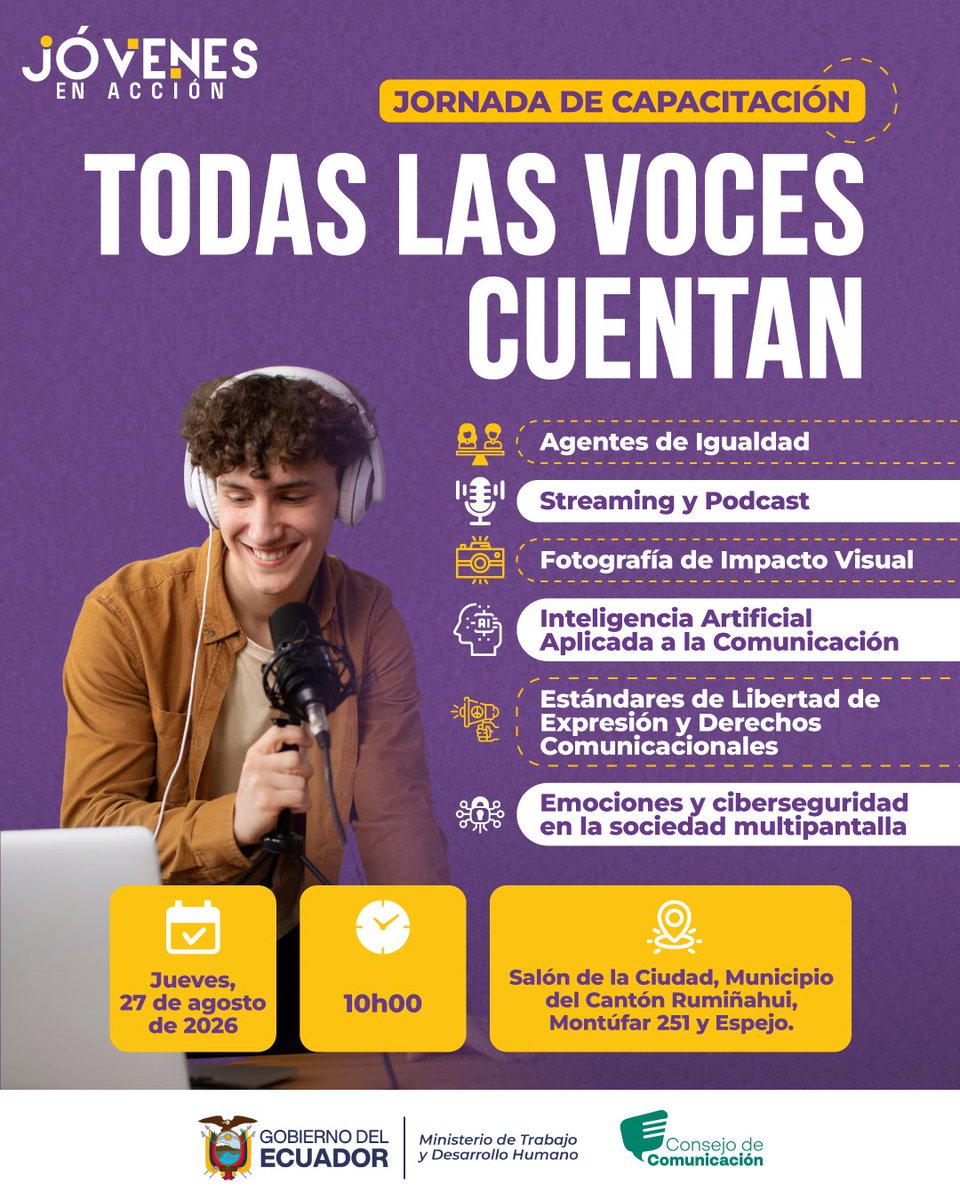 DHumanoEc's tweet photo. ¡Atención Jóvenes en Acción!

Te esperamos en el cantón Rumiñahui, este jueves 27 de agosto en la jornada PRESENCIAL de capacitación "Todas las Voces Cuentan",  a cargo del Consejo de Comunicación. 

⏰ 10h00
🏛️ Salón de la Ciudad (Montúfar 251 y Espejo)
Aprende sobre IA, Podcast, Fotografía y más. ¡No te lo pierdas!

¡La entrada es libre! Asiste, capacítate y haz escuchar tu voz.

#GobiernoDelEcuador